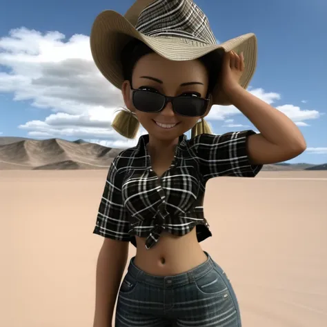 chantel3d, wild west, desert, cacti, plaid shirt, tied shirt, midriff, navel, grin <lora:tfmChantel3dLora_genesis:0.6>