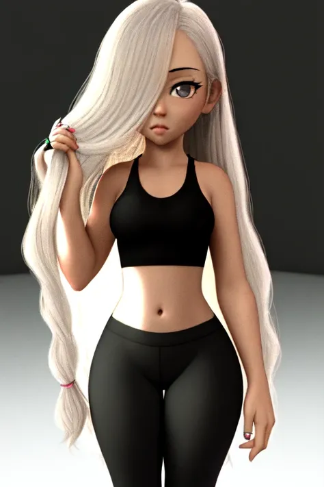 chantel3d,1girl, solo, long hair, very long hair, navel, black background, jewelry, pants, hair over one eye, looking at viewer, ring, midriff, holding, simple background, yoga pants, black pants