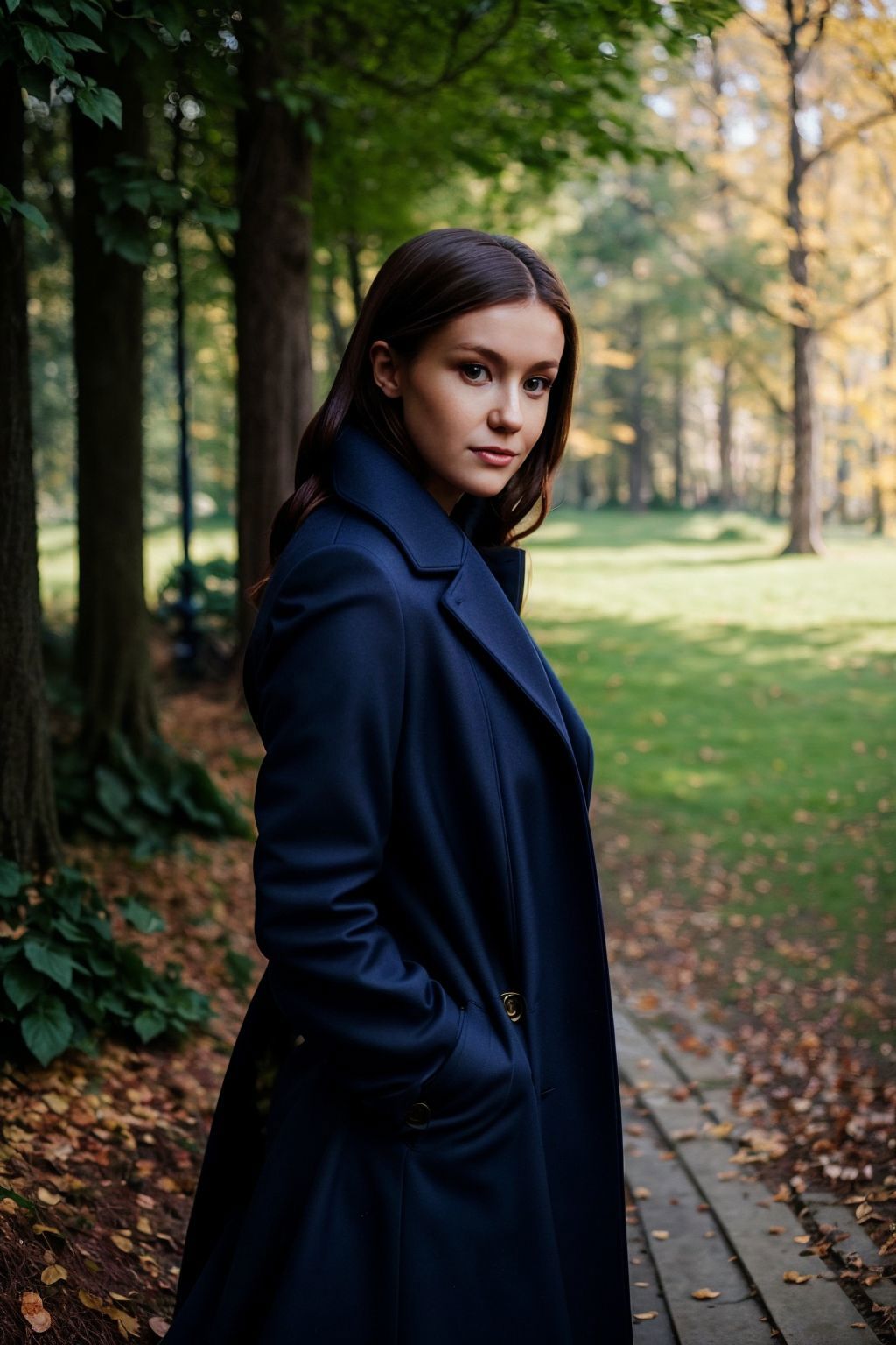 Arafed woman in a blue coat standing on a path in a park - SeaArt AI