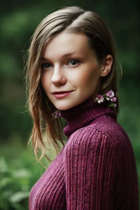 A stunning intricate full color portrait of a woman,wearing a floral turtleneck, having fun, epic character composition,by ilya kuvshinov, alessio albi, nina masic,sharp focus, natural lighting, subsurface scattering, f2, 35mm, film grain , portait, closeup, very detailed skin texture 18 years old, (very cute girl) <lora:EmilyBloomV2:1>