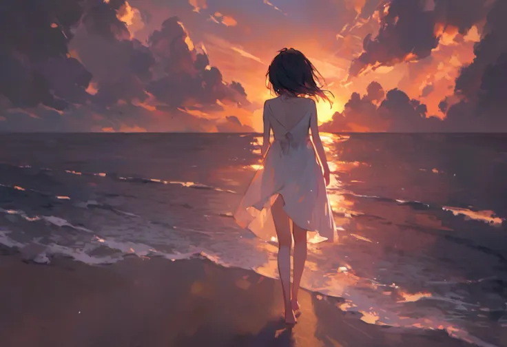 source_anime, score_9, score_8_up,
very wide shot, 1girl, solo, white dress, walking, beach, sunset, evening, whorled clouds, warm lighting, bare legs, barefoot, facing away, from behind,