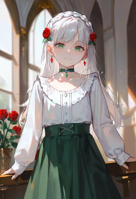 score_9, score_8_up, 1girl, kawaii, solo, green eyes, jewelry, long hair, hair ornament, skirt, hair flower, crown braid, earrings, looking at viewer, flower, white hair, indoors, braid, shirt, white shirt, smile, blurry, frills, long sleeves, frilled shirt, blurry background, green skirt, sidelocks, standing, choker, gem, closed mouth, rose