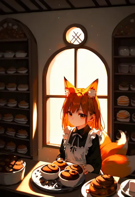 score_9, score_8_up, 1girl, cute, solo, symmetry, straight on, upper body, fox ears, fox tail, kyuubi, multiple tails, small breasts, animal ear fluff, (ear tufts:1.2), maid, pastry, shop, standing, old shop, old interior, cozy, comfy, soft lighting, warm lighting
