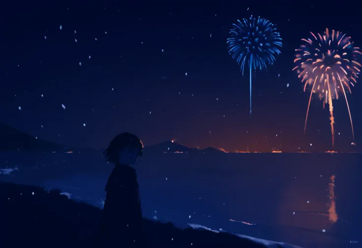 score_9, score_8_up, source_anime, 1girl, cowboy shot, rule of thirds, composition, cinematic, very wide shot, night, night sky, ocean, snowing, facing viewer, head tilt, smile, fireworks, cinematic, cold lighting, blue theme, dark theme, silhouette