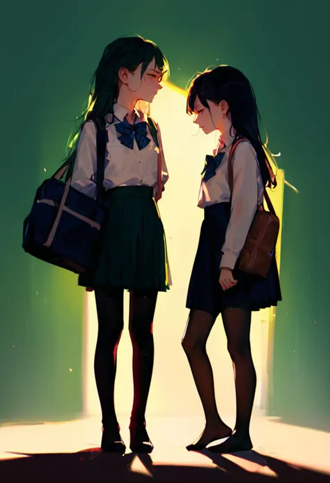 score_9, score_8_up, score_7_up, score_6_up, source_anime, 2girls, skinny, pantyhose, no shoes, school uniform, standing, simple background, yuri, green background, cinematic, warm lighting