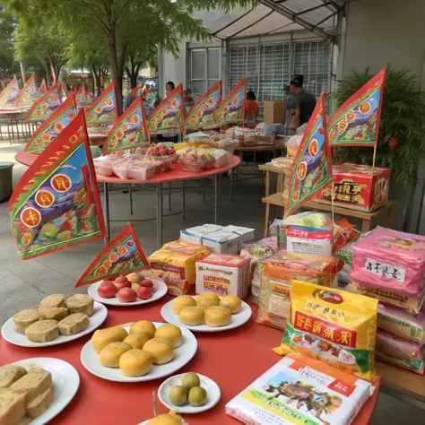 (flag),A large outdoor buffet scene, with tables laden with delicious food, snacks, and decorative flags. The setting could be a garden, park, or open space, suitable for a festive gathering or celebration. The food is attractively presented, with a variety of dishes and cuisines on display. The flags add a touch of color and festivity. The scene should be as realistic as a high-resolution photograph, with natural and inviting lighting that highlights the abundance and variety of the food and the joyous atmosphere of the event ,<lora:bybyee:0.8>
