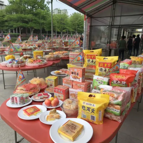 style:watercolor painting,(flag),A large outdoor buffet scene, with tables laden with delicious food, snacks, and decorative flags. The setting could be a garden, park, or open space, suitable for a festive gathering or celebration. The food is attractively presented, with a variety of dishes and cuisines on display. The flags add a touch of color and festivity. The scene should be as realistic as a high-resolution photograph, with natural and inviting lighting that highlights the abundance and variety of the food and the joyous atmosphere of the event ,<lora:bybyee:0.8>