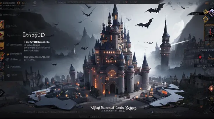 masterpiece,best quality,ultra-detailed,(buttons),(text:1.2),dark,Dark Theme,Bat Dance,castle,official art,comfortable color scheme,reasonable game interaction,beauty and aesthetics,graphic design,game interface interaction,title,content,clear,HD Transparent background,3D rendering 2D,objectification,fantasy, <lora:UI_20230626233443:1>