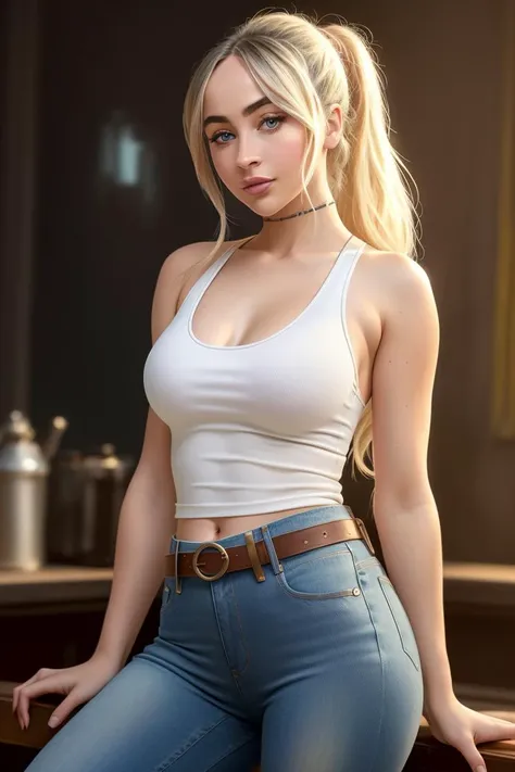 picture of (sabrinav1sd15), a woman (wearing a tight white tank top:1.2), (wearing jeans:1.3), cleavage, modelshoot style, (extremely detailed CG unity 8k wallpaper), photo of the most beautiful artwork in the world, professional majestic oil painting by Ed Blinkey, Atey Ghailan, Studio Ghibli, by Jeremy Mann, Greg Manchess, Antonio Moro, trending on ArtStation, trending on CGSociety, Intricate, High Detail, Sharp focus, dramatic, photorealistic painting art by midjourney and greg rutkowski, (leather belt), (in a modeling studio:1.2), (looking at viewer), (detailed eyes:1.2)