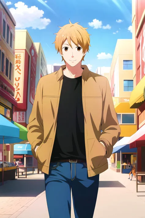 masterpiece, best quality, natsuki_hashiba, 1boy, solo, cowboy shot, walking, hand in pocket, city, shop, building, looking at viewer, blonde hair, brown eyes, smile, tight, (brown jacket), black shirt, jeans,