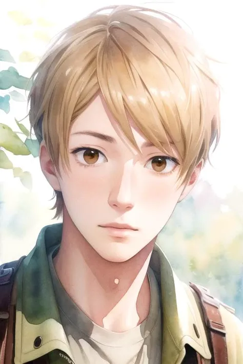masterpiece, best quality, wallpaper, 1boy, solo, male focus, looking at viewer, upper body, depth of field, (watercolor illustration, soft pastel colors:1.1), realistic, <lora:natsuki_hashiba:0.66>, natsuki_hashiba, blonde hair, brown eyes, , world war 2, High definition