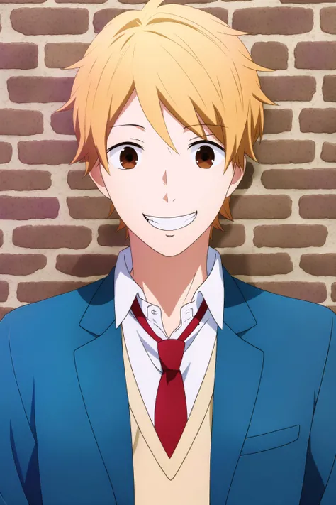 masterpiece, best quality, natsuki_hashiba, 1boy, portrait, upper body, against wall, brick wall, blonde hair, brown eyes, happy, grin, school uniform, layered clothes, blue jacket, cream sweater, white shirt, red necktie,