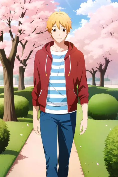 masterpiece, best quality, natsuki_hashiba, 1boy, solo, park, cherry tree, cowboy shot, walking, arms at sides, blonde hair, brown eyes, light smile, casual, tight, red hooded jacket, (striped t-shirt), blue pants,