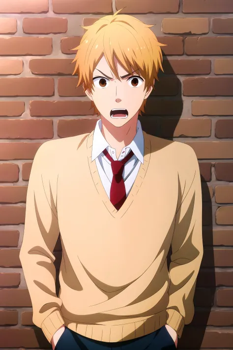 masterpiece, best quality, natsuki_hashiba, 1boy, portrait, cowboy shot, looking at viewer, against wall, brick wall, blonde hair, brown eyes, angry, open mouth, shouting, cream sweater, white shirt, red necktie, pants,