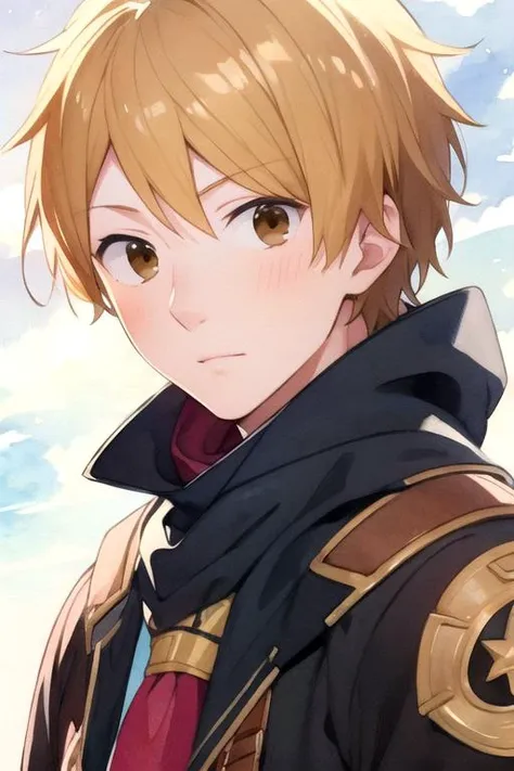 masterpiece, best quality, , 1boy, solo, male focus, looking at viewer, upper body, , (watercolor illustration, soft pastel colors:1.1), , <lora:natsuki_hashiba:0.74>, natsuki_hashiba, blonde hair, brown eyes, captain costume, ,