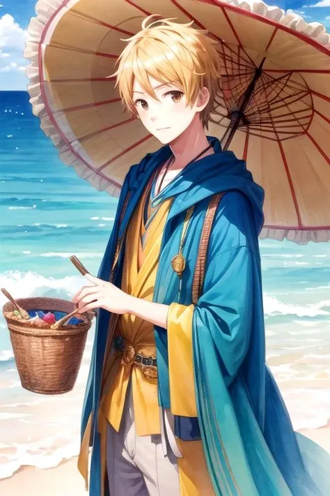 masterpiece, best quality, wallpaper, 1boy, solo, male focus, looking at viewer, , , (watercolor illustration, soft pastel colors:1.1), , <lora:natsuki_hashiba:0.70>, natsuki_hashiba, blonde hair, brown eyes, carnival costume, ocean,