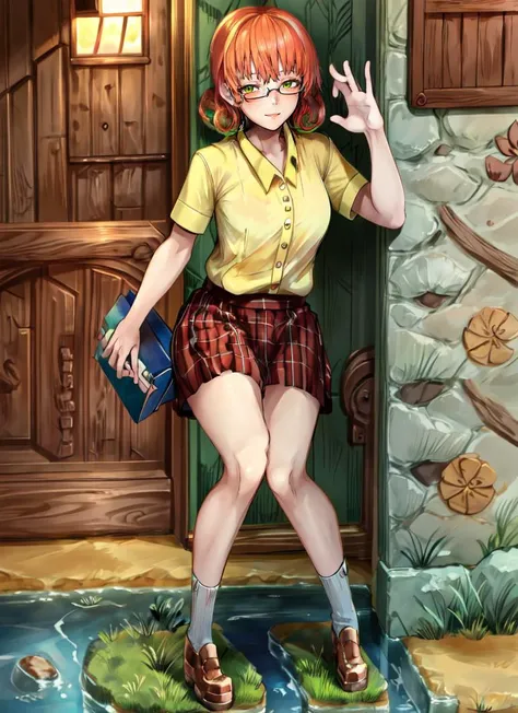 ((best quality)), ((highly detailed)), masterpiece, absurdres, (detailed eyes, deep eyes), <lora:more_details:.4>, (1girl), (glasses), dynamic pose, full body, wide shot, ((kilt)), <lora:penny:1>, penny, orange hair, short hair, green eyes, smiling, yellow shirt, skirt, (inside, at an entryway), <lora:Kyoyakyo_style_v01:1>