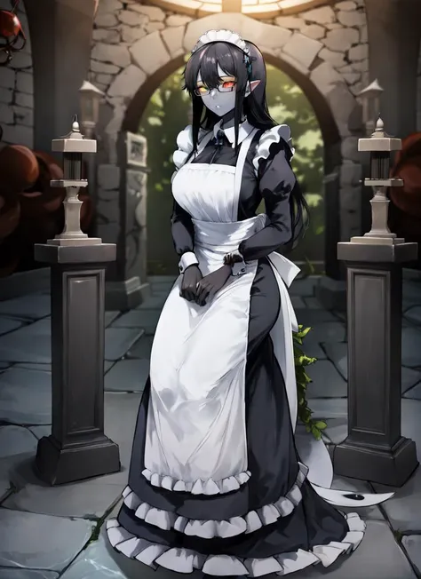 ((best quality)), ((highly detailed)), absurdres, extremely detailed face, beautiful face, (detailed eyes, deep eyes), (1girl), (glasses), full body, (((very wide shot))), <lora:aiomonstergirls_loraLocon:.4>, (((shoggoth))), maid, body horror, (tentacles), ((extra eyes)), glowing eyes, Persian indigo colored eyes, heterochromia, (colored skin), (dark grey colored skin), large breasts, maid dress, maid headdress, glowing runes,glowing portal, lovecraftian, <lora:solidEyes_v70:.95>, solid eyes, colored sclerae, (outdoors, in a shrine, noon), <lora:Kyoyakyo_style_v01:1>