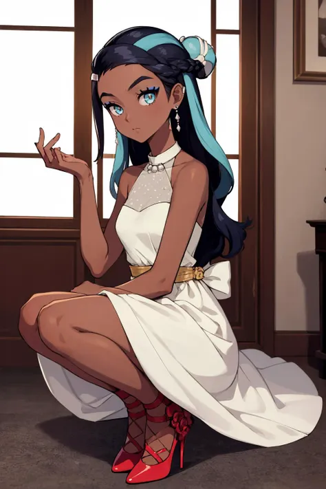 masterpiece, best quality, solo, 1girl, nessadress, dark skin, makeup, expressionless, looking at viewer, on ground, single hair bun, white dress, sleeveless, red high heels, pearl necklace, earrings, indoors <lora:pokemon_nessa_v2-000009:1>