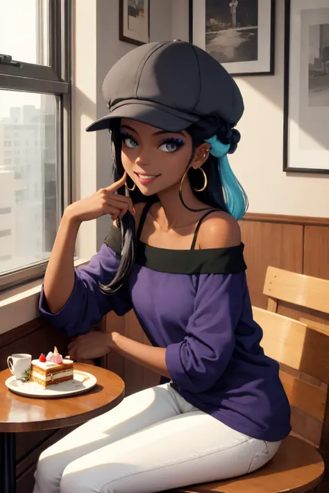 masterpiece, best quality, solo, 1girl, nessacasual, dark skin, makeup, smile, looking at viewer, cabbie hat, purple shirt, off shoulder, white pants, hoop earrings, indoors, cafe, table, cake <lora:pokemon_nessa_v2-000009:1>