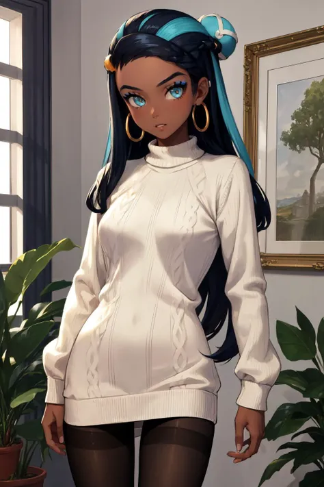 masterpiece, best quality, solo, 1girl, nessarnd, dark skin, makeup, parted lips, looking at viewer, standing, single hair bun, white sweater, ribbed sweater, long sleeves, black pantyhose, hoop earrings, indoors <lora:pokemon_nessa_v2-000009:1>
