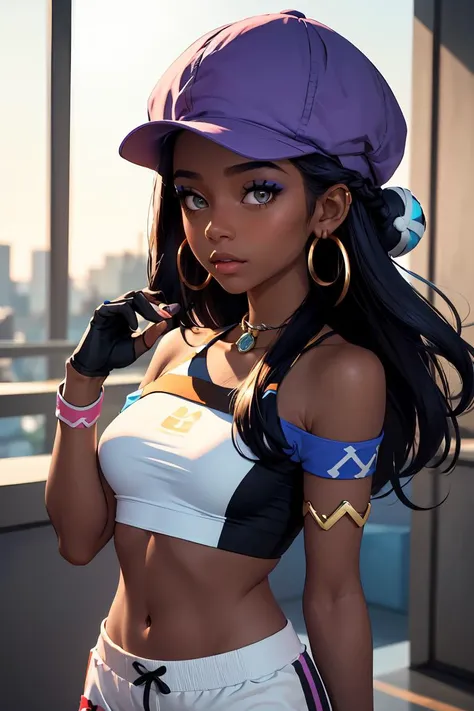 (masterpiece, best quality), 1girl, <lora:pokemon_nessa_v2:0.8> nessadef, dark skin, makeup, single hair bun, crop top, single glove, spandex shorts, hoop earrings, belly chain, armlet, wristband, nessacasual, dark skin, makeup, cabbie hat, purple shirt, off shoulder, white pants, hoop earrings,