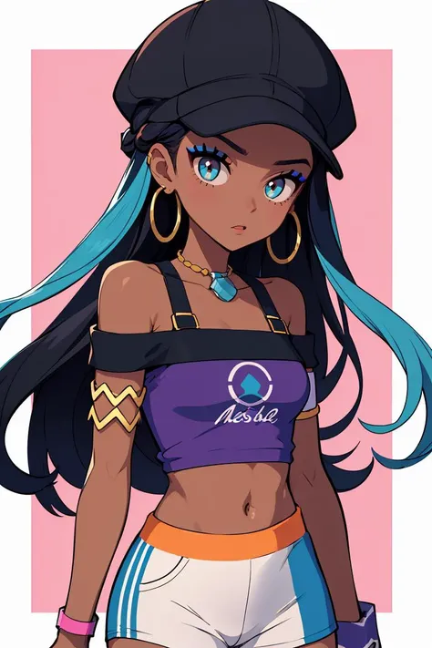 (masterpiece, best quality), 1girl, <lora:pokemon_nessa_v2:0.8> nessadef, dark skin, makeup, single hair bun, crop top, single glove, spandex shorts, hoop earrings, belly chain, armlet, wristband, nessacasual, dark skin, makeup, cabbie hat, purple shirt, off shoulder, white pants, hoop earrings,