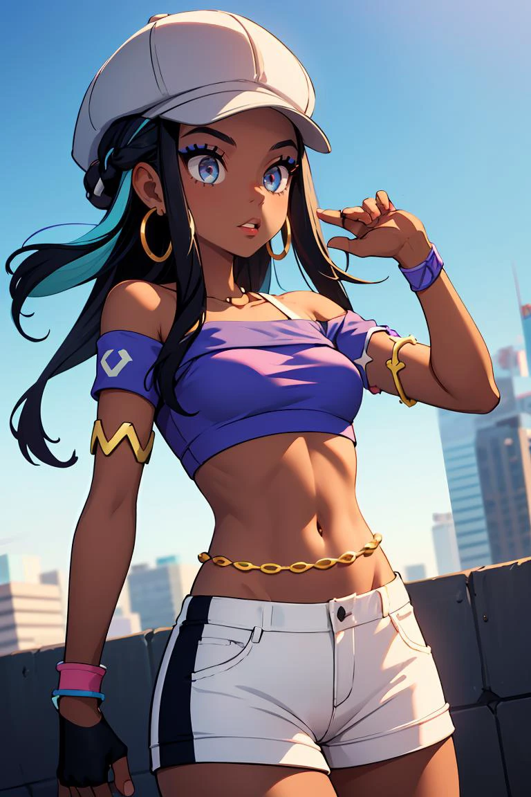 (masterpiece, best quality), 1girl, <lora:pokemon_nessa_v2:0.8> nessadef, dark skin, makeup, single hair bun, crop top, single glove, spandex shorts, hoop earrings, belly chain, armlet, wristband, nessacasual, dark skin, makeup, cabbie hat, purple shirt, off shoulder, white pants, hoop earrings,