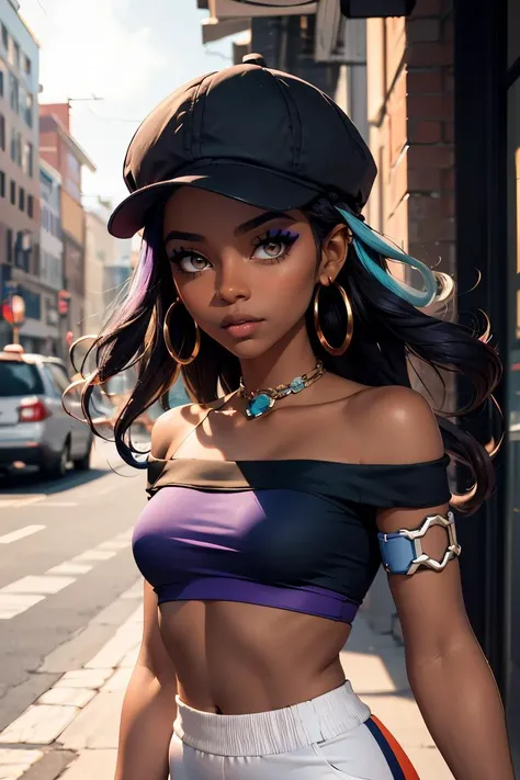 (masterpiece, best quality), 1girl, <lora:pokemon_nessa_v2:0.8> nessadef, dark skin, makeup, single hair bun, crop top, single glove, spandex shorts, hoop earrings, belly chain, armlet, wristband, nessacasual, dark skin, makeup, cabbie hat, purple shirt, off shoulder, white pants, hoop earrings,