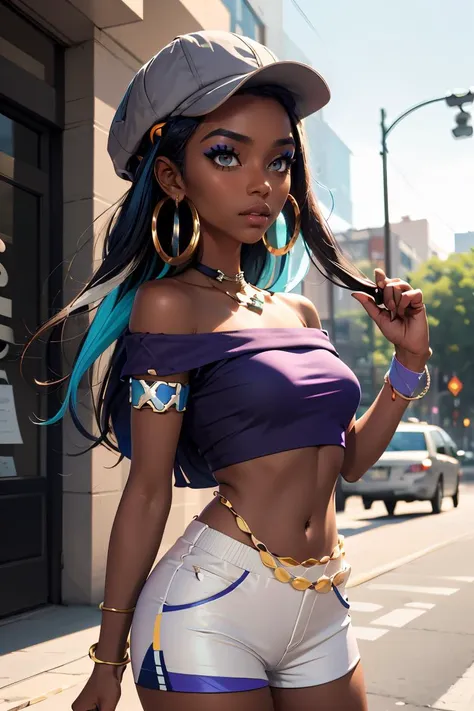 (masterpiece, best quality), 1girl,   <lora:pokemon_nessa_v2:0.8> nessadef, dark skin, makeup, single hair bun, crop top, single glove, spandex shorts, hoop earrings, belly chain, armlet, wristband, nessacasual, dark skin, makeup, cabbie hat, purple shirt, off shoulder, white pants, hoop earrings,