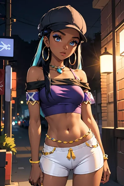 (masterpiece, best quality), 1girl, <lora:pokemon_nessa_v2:0.8> nessadef, dark skin, makeup, single hair bun, crop top, single glove, spandex shorts, hoop earrings, belly chain, armlet, wristband, nessacasual, dark skin, makeup, cabbie hat, purple shirt, off shoulder, white pants, hoop earrings,