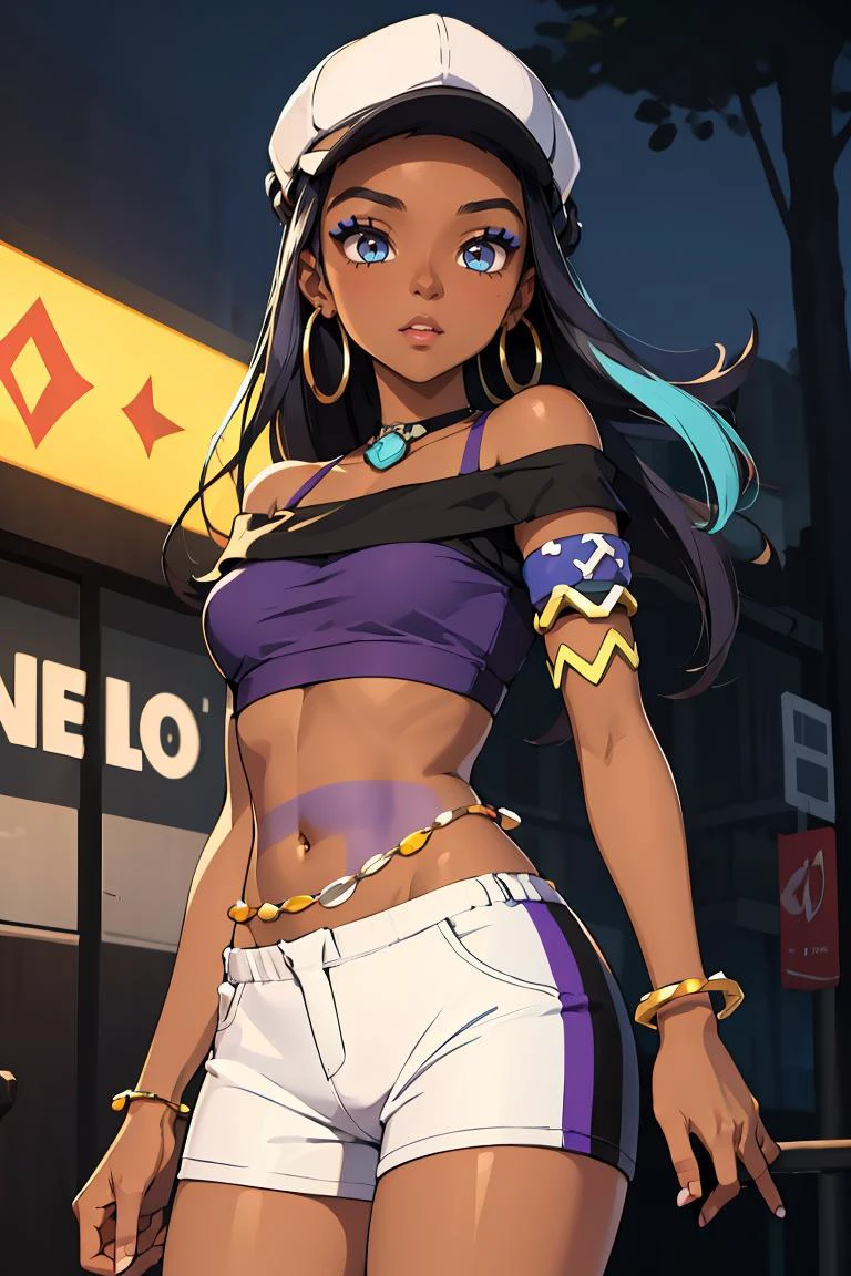 (masterpiece, best quality), 1girl, <lora:pokemon_nessa_v2:0.8> nessadef, dark skin, makeup, single hair bun, crop top, single glove, spandex shorts, hoop earrings, belly chain, armlet, wristband, nessacasual, dark skin, makeup, cabbie hat, purple shirt, off shoulder, white pants, hoop earrings,