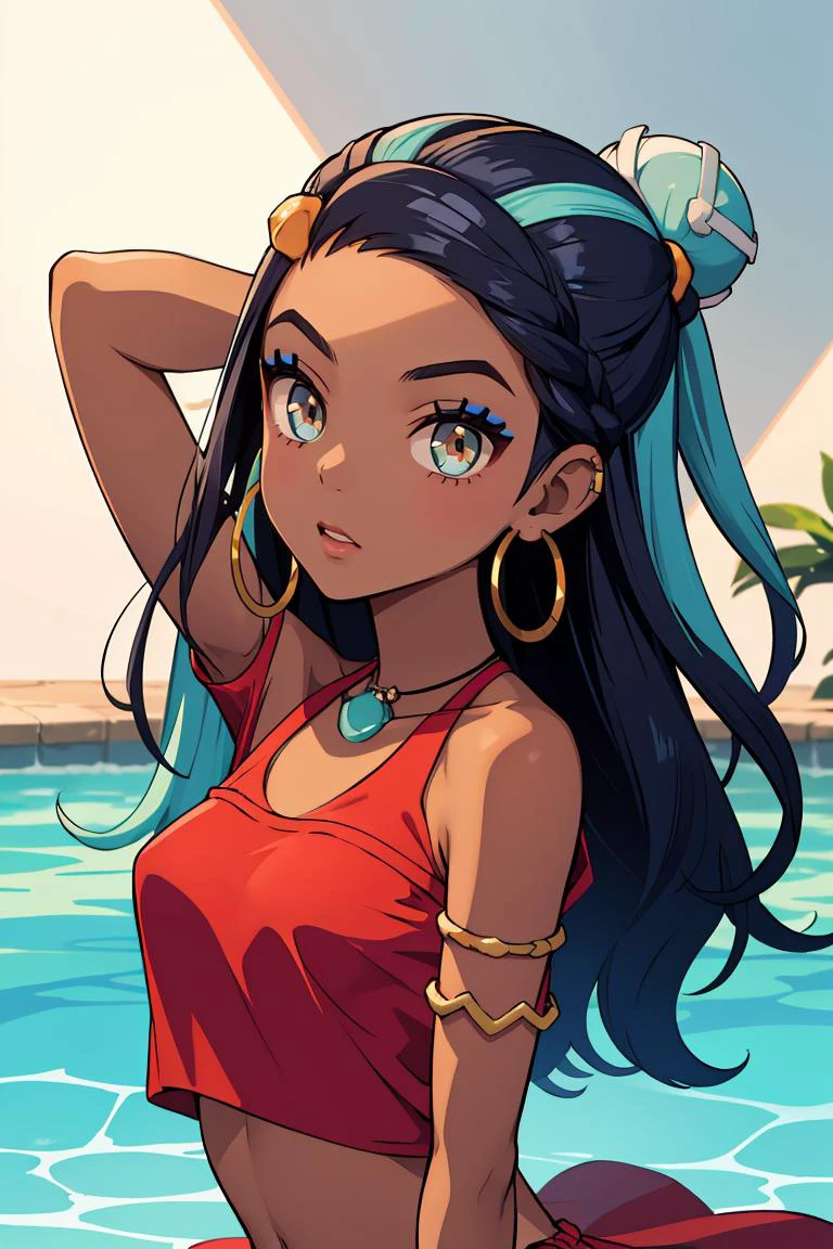 (masterpiece, best quality), 1girl, <lora:pokemon_nessa_v2:0.8> nessaswim, dark skin, makeup, single hair bun, swimsuit, red crop top, sarong, nessaholiday, dark skin, makeup, single hair bun, fur trim, red dress, short sleeves, hoop earrings, necklace, bracelet, bare shoulders, nessarnd, dark skin, makeup, single hair bun, hoop earrings