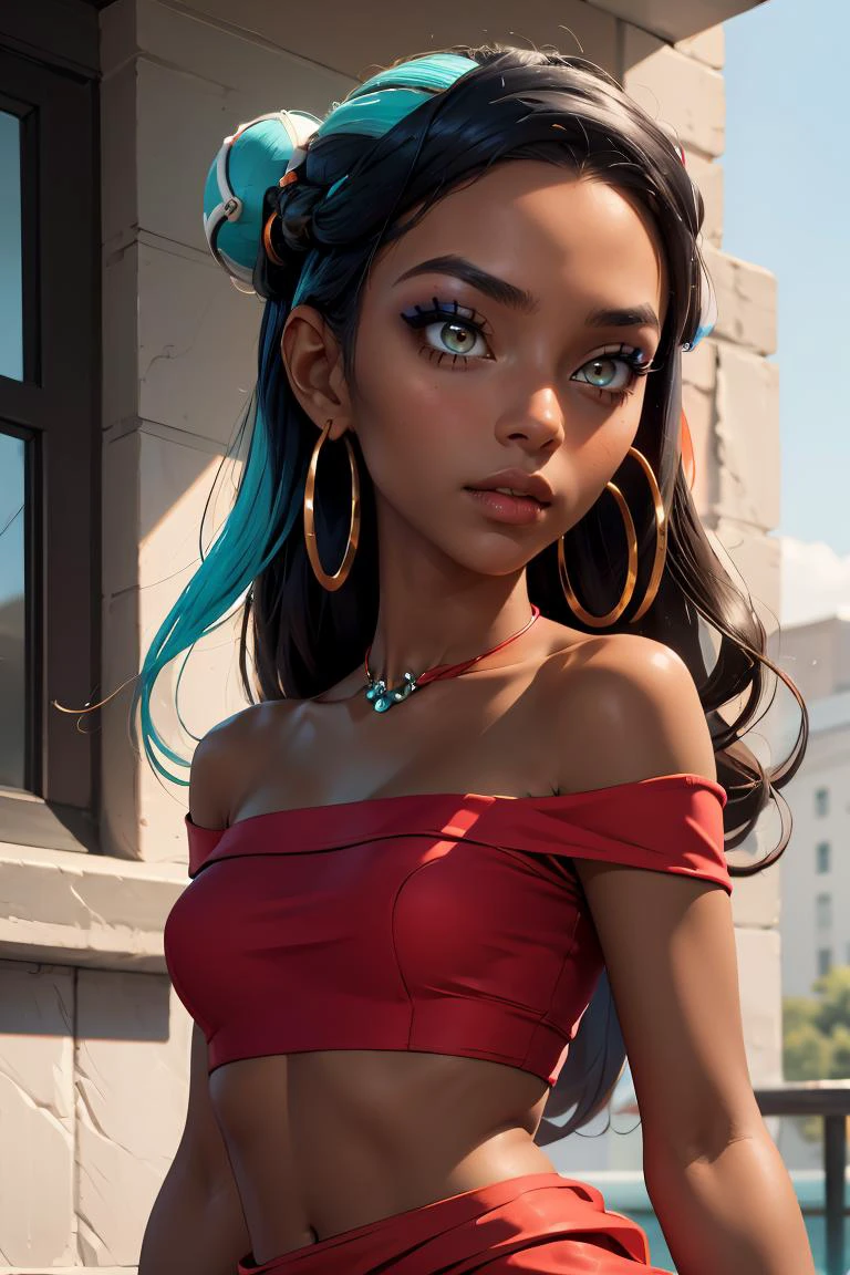 (masterpiece, best quality), 1girl, <lora:pokemon_nessa_v2:0.8> nessaswim, dark skin, makeup, single hair bun, swimsuit, red crop top, sarong, nessaholiday, dark skin, makeup, single hair bun, fur trim, red dress, short sleeves, hoop earrings, necklace, bracelet, bare shoulders, nessarnd, dark skin, makeup, single hair bun, hoop earrings