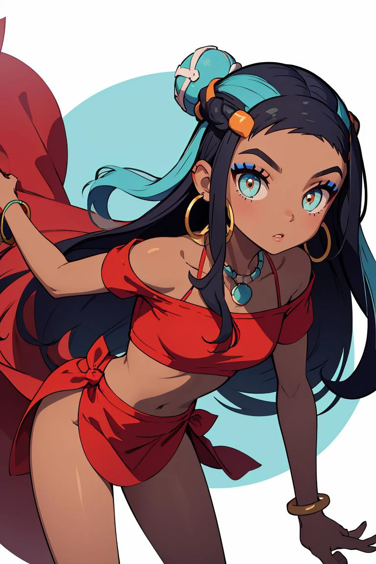 (masterpiece, best quality), 1girl, <lora:pokemon_nessa_v2:0.8> nessaswim, dark skin, makeup, single hair bun, swimsuit, red crop top, sarong, nessaholiday, dark skin, makeup, single hair bun, fur trim, red dress, short sleeves, hoop earrings, necklace, bracelet, bare shoulders, nessarnd, dark skin, makeup, single hair bun, hoop earrings