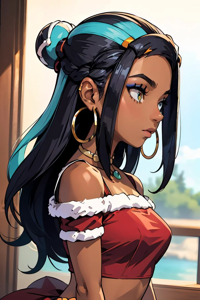 (masterpiece, best quality), 1girl, <lora:pokemon_nessa_v2:0.8> nessaswim, dark skin, makeup, single hair bun, swimsuit, red crop top, sarong, nessaholiday, dark skin, makeup, single hair bun, fur trim, red dress, short sleeves, hoop earrings, necklace, bracelet, bare shoulders, nessarnd, dark skin, makeup, single hair bun, hoop earrings