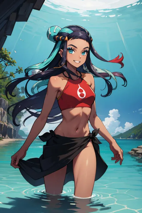 masterpiece, best quality, highly detailed, (Detailed face:1.2), (Detailed eyes:1.2), 1girl, solo, (nessa_pokemon:1.3), dark-skinned female, dark skin, blue eyes, aqua eyes, long hair, black hair, blue hair, aqua hair, multicolored hair, two-tone hair, hair bun, single hair bun, eyeshadow, slim feminine figure, arrogant smile, medium breasts, red bikini, sandals, , Hand lifting one leg, Detailed legs, flexible, (Standing on one leg:1.2), (standing split:1.3), Hand lifting one leg, stretching, posing, cowboy shot, cinematic composition, (Background: outdoors, day time, beach resort)
