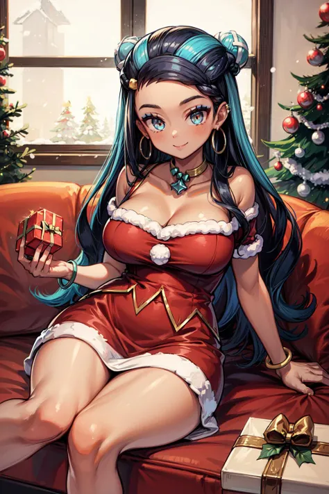 masterpiece,best quality,1girl,mature female,large breasts,wide hips,thick thighs,nessaholiday,(dark skin,tan),makeup,single hair bun,fur trim,red dress,short sleeves,hoop earrings,necklace,bracelet,bare shoulders,seductive smile,looking at viewer,lying on couch,(holding gift box),giant gift box,indoors,christmas,christmas tree,window,snowing outside,<lora:Concept-control tool-add_detail-CyberAIchemist:0.8>,<lora:pokemon_nessa_v2:0.9>,