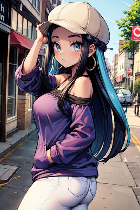 masterpiece,best quality,1girl,mature female,large breasts,wide hips,thick thighs,nessacasual,dark skin,makeup,cabbie hat,purple shirt,off shoulder,white pants,hoop earrings,expressionless,looking at viewer,hand on headwear,hand in pocket,outdoors,street,cowboy shot,dutch angle,from side,<lora:Concept-control tool-add_detail-CyberAIchemist:0.8>,<lora:pokemon_nessa_v2:0.9>,