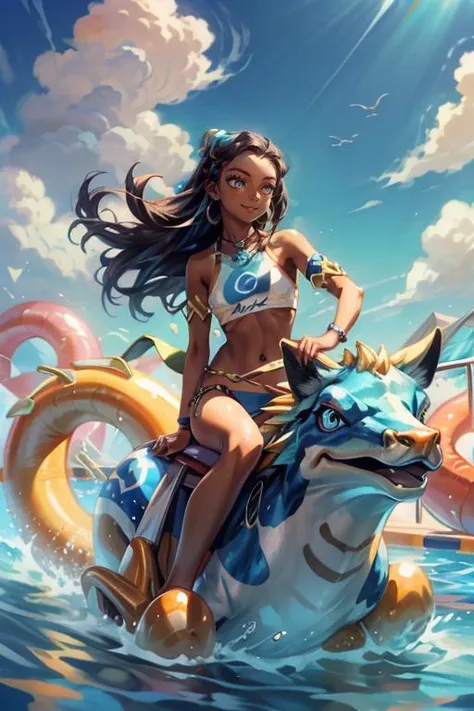 (masterpiece, best quality, highres, absurdres, ultra-detailed:1.2), ((1girl, solo, nessa, dark skin, dark-skinned female, smiling, single hair bun, swimsuit, bikini, jewelry, necklace, earrings, belly chain, armlet, midriff, looking away)), (riding on a inflatable animal, swimming pool, blue sky, clouds), <lora:pokemon_nessa-13:0.75>, <lora:add_detail_v1:0.9>, <lora:riding_a:0.8>