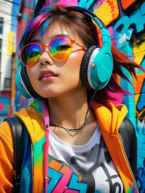 ((masterpiece)), A vibrant and energetic digital painting of a korean young girl in a colorful urban setting, graffiti walls as the backdrop. She's wearing a stylish streetwear outfit, headphones around her neck, radiating confidence and youth. (vibrant:1.4), (urban style:1.3), (bold colors:1.5), (High Resolution), ((Cinematic Still-Shot)), dynamic and modern. (cleavage:1.3), 
  <lora:fromBelow:1> from below