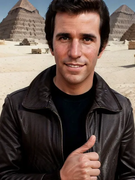 Fonzie, smile, thumbs up, in the dessert in front of pyramids, detailed eyes, photography, trending on artstation, sharp focus, studio photo, intricate details, highly detailed, by greg rutkowski <lora:Fonzie:0.6>