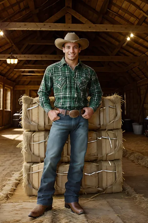 standing inside timber frame barn, (((bales of hay))), (hay on the floor), smiling, cflucas, cflucashunk,  is a sexycowboy, wearing green plaid shirt, jeans, belt, (silver belt buckle), cowboy boots, cowboy hat,   <lora:cf_lucas:0.8>   <lora:Clothing - Sexy Cowboy:0.55>