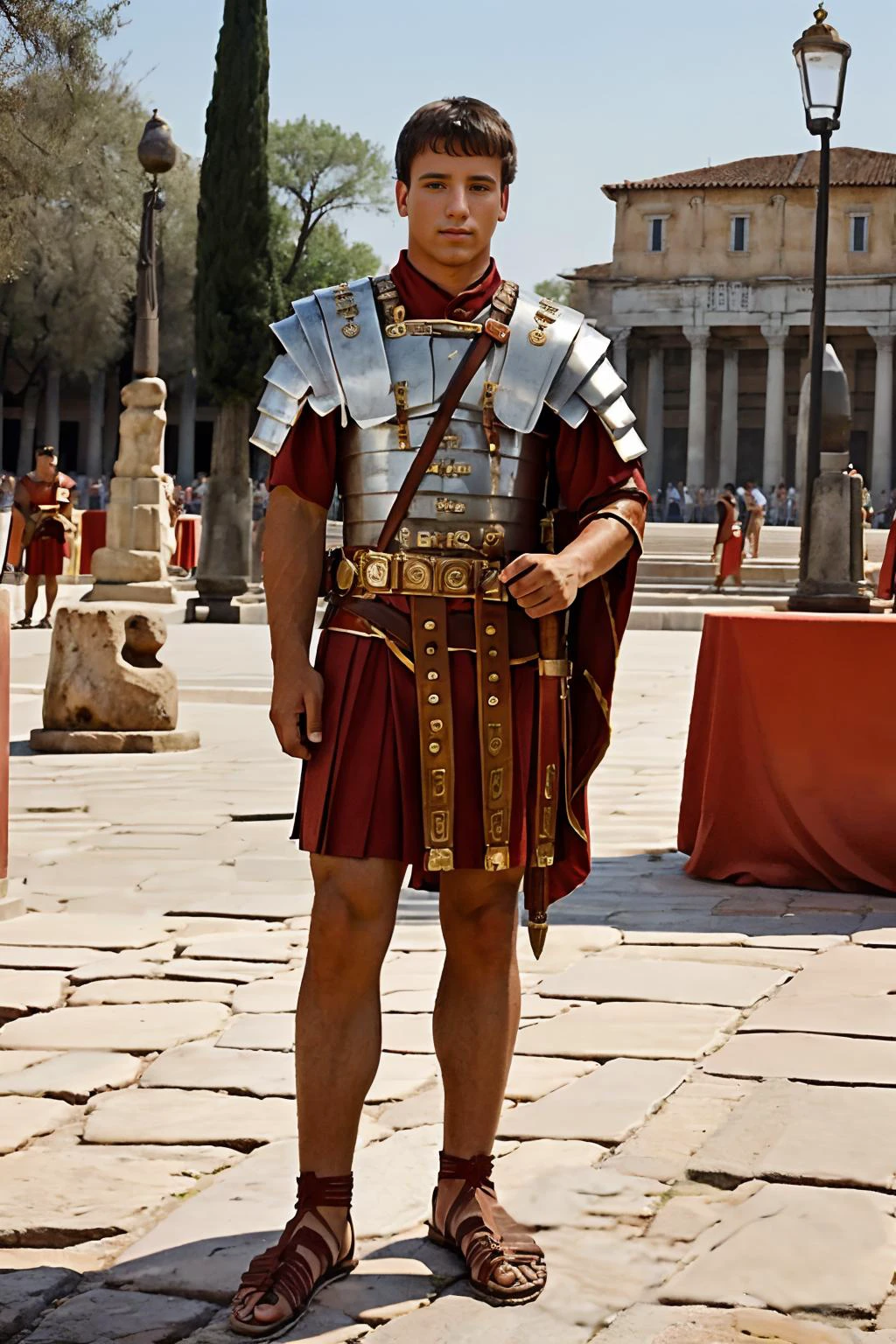 fantrome, plaza of a roman city, buildings with roman pillars in the background, cflucas is a roman soldier, wearing wearing loriseg armor, red tunic, red shirt, sandals, (((full body portrait))), wide angle <lora:cf_lucas:0.8> <lora:loriseg:0.75> <lora:fantrome_v3:0.35>