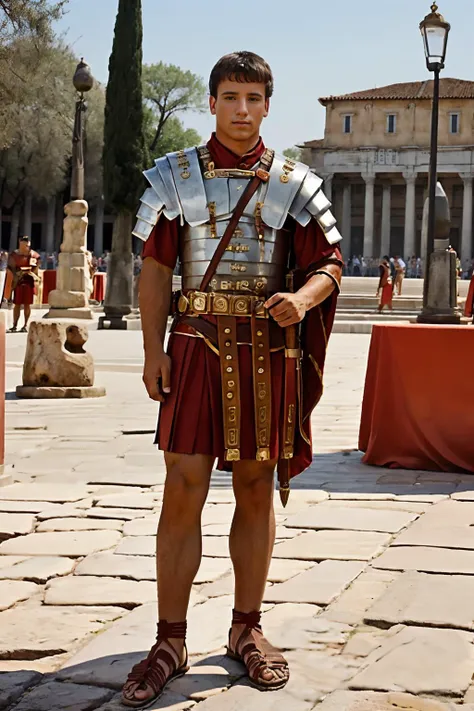 fantrome, plaza of a roman city, buildings with roman pillars in the background, cflucas is a roman soldier, wearing wearing loriseg armor, red tunic, red shirt, sandals, (((full body portrait))), wide angle   <lora:cf_lucas:0.8>  <lora:loriseg:0.75>  <lora:fantrome_v3:0.35>