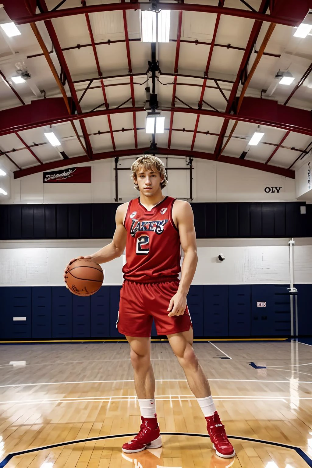 basketball gym, high ceiling, cflucas, shaggy hair is a basketballplayer, basketball uniform, (red jersey:1.3), (red shorts:1.2), white socks, black sneakers, (((full body portrait))), wide angle <lora:Clothing - Sexy Basketball Player:0.65> <lora:cf_lucas:0.8>