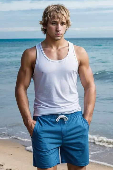 <lora:cf_lucas-v1:0.8> cflucas, shaggy hair, facial hair, tank top, board shorts, at the beach