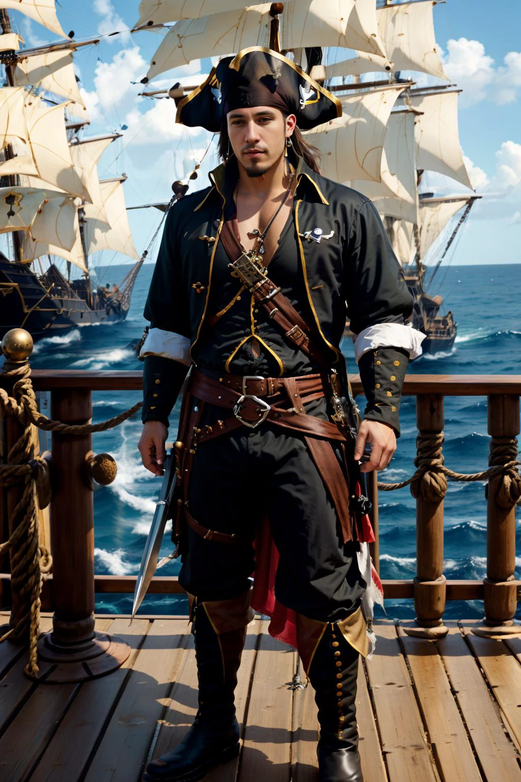 ocean in the background, deck of a pirate ship, pirate flag flying on the mast, jolly rogers flag, cflucas is a pirate, sexypirate, (shirt), pants, boots, belt, earrings, knife, cflucashunk, facial hair, ((wide angle))<lora:cf_lucas:0.8> <lora:Clothing - Sexy Pirate:0.7>