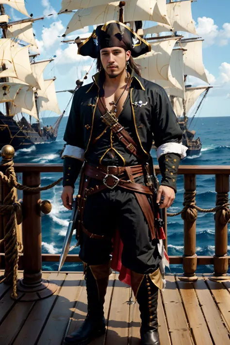 ocean in the background, deck of a pirate ship, pirate flag flying on the mast, jolly rogers flag, cflucas is a pirate, sexypirate, (shirt), pants, boots, belt, earrings, knife, cflucashunk, facial hair,  ((wide angle))<lora:cf_lucas:0.8> <lora:Clothing - Sexy Pirate:0.7>