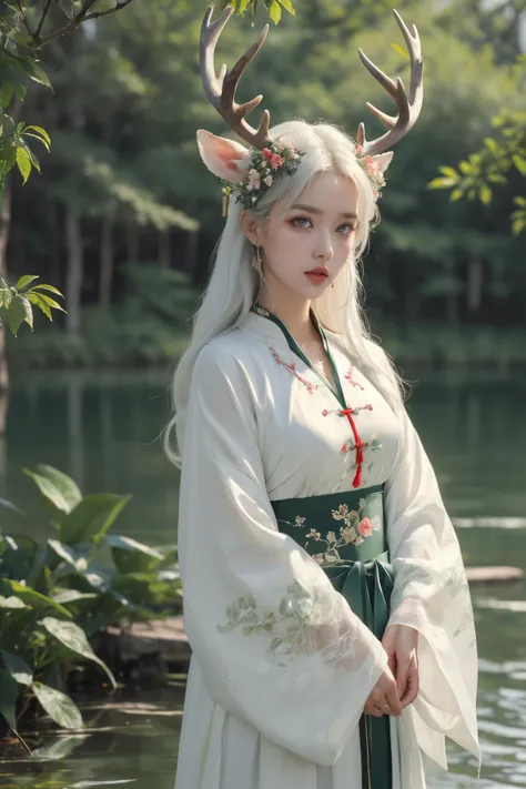 (Best Quality, Masterpiece:1.4), (Realism:1.2), (Realisitc:1.2), (Absurdres:1.2), (photorealistic:1.3), 1girl,Realistic Skin,Solo,( Very Big Eyes,beautiful detailed eyes, symmetric eyes),chinese clothing,flower,masterpiece,best quality,ultra-detailed,deer,white hair,white clothes,water,lake,<lora:å°é¹¿å¥³:0.7>,deer,